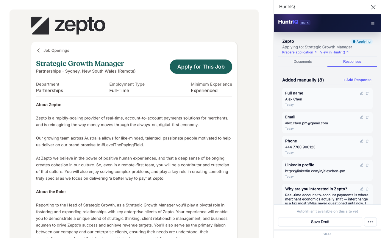The HuntrIQ Chrome extension open beside a real job posting, ready to capture application answers